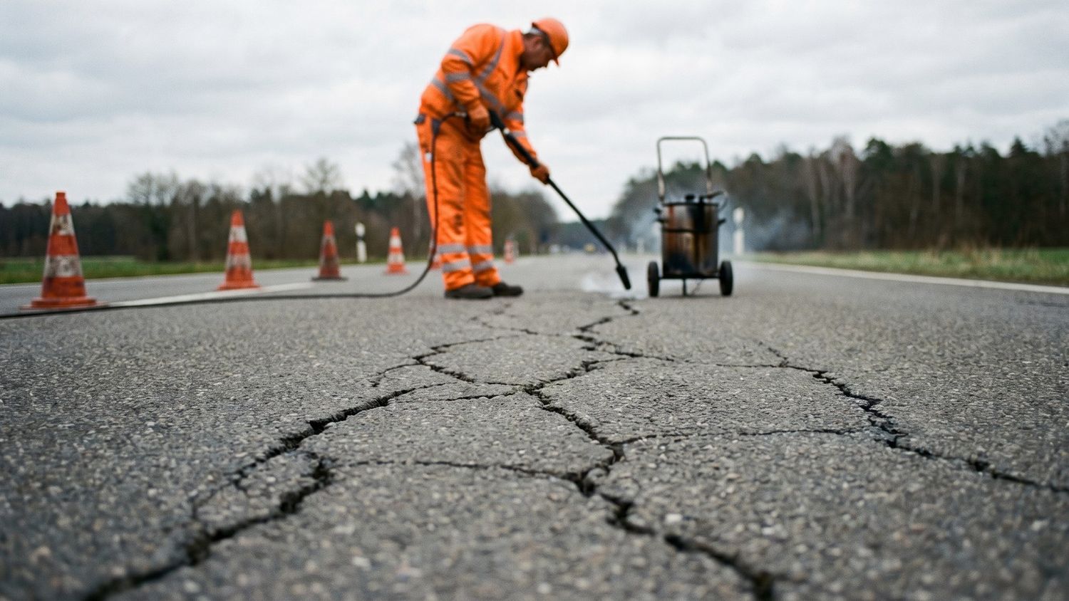 Mitarbeiter vergießt mit Lanze und Vergusskocher Netzrisse in einer Asphaltfahrbahn, Arbeitsstelle mit Leitkegeln abgesichert